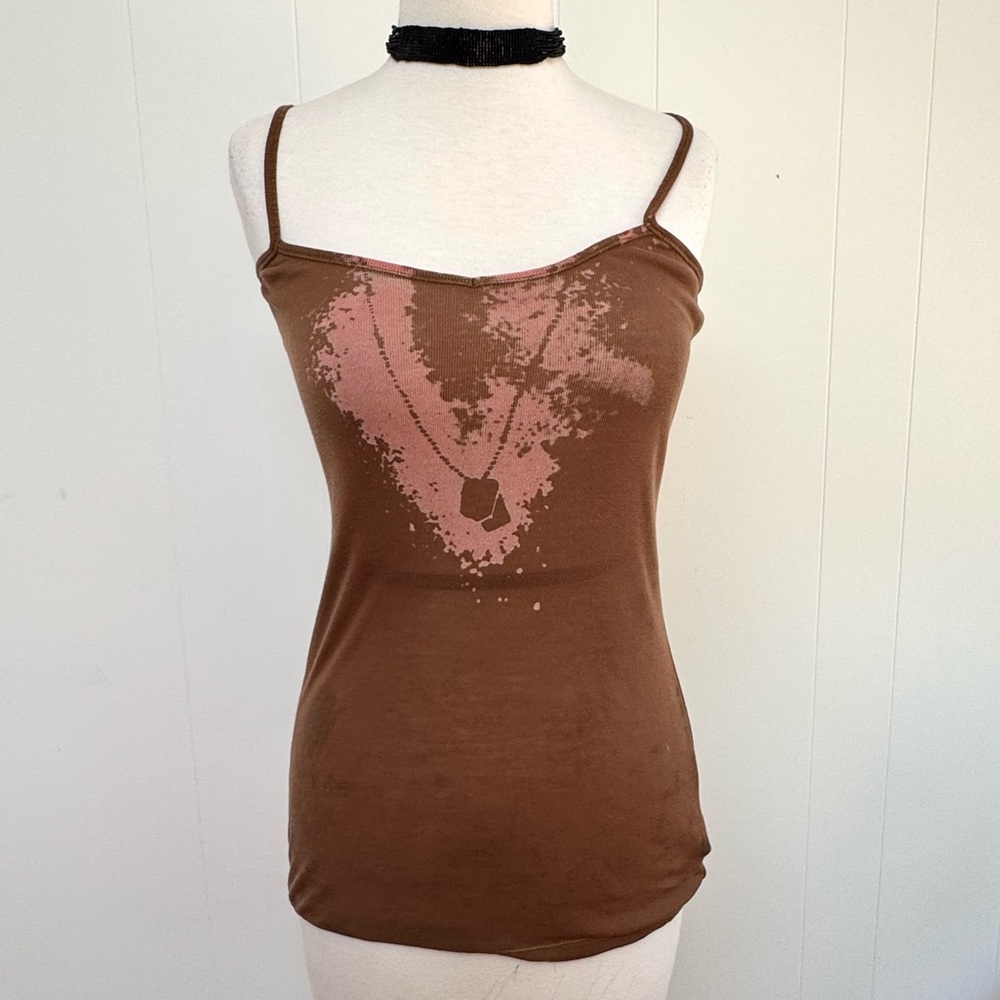 Free People Dog Tag Design Ribbed Tank Top Super Soft S Distressed Brown Pink